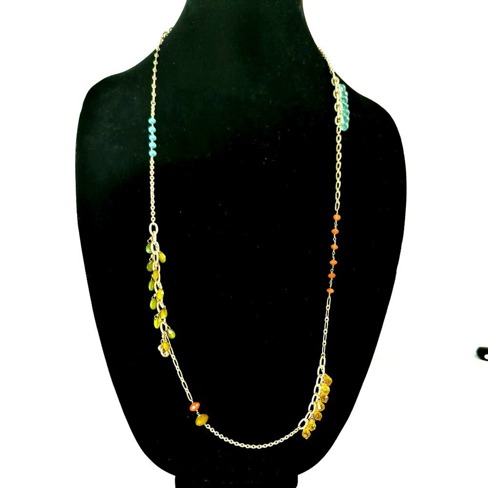 Fossil Multi-Color Beaded Long Chain Necklace With Green Orange Blue Beads